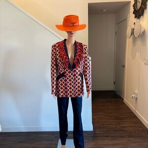 Stylish Geometric Patterned Jacket - dark blue and orange a touch of red.